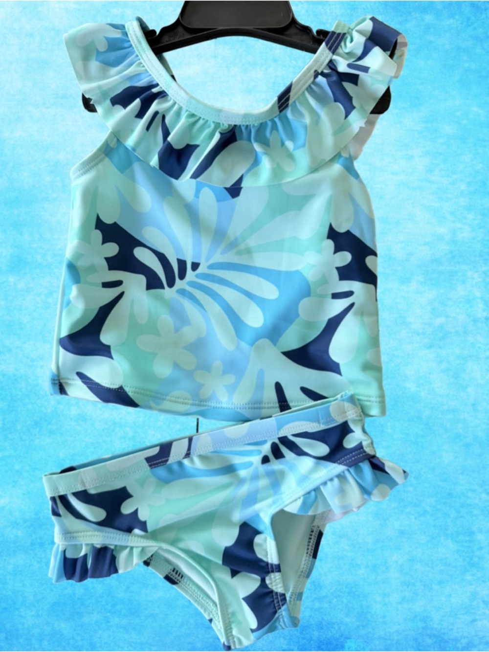 NWT Girls Aqua Floral Ruffle Tankini Swim Set
